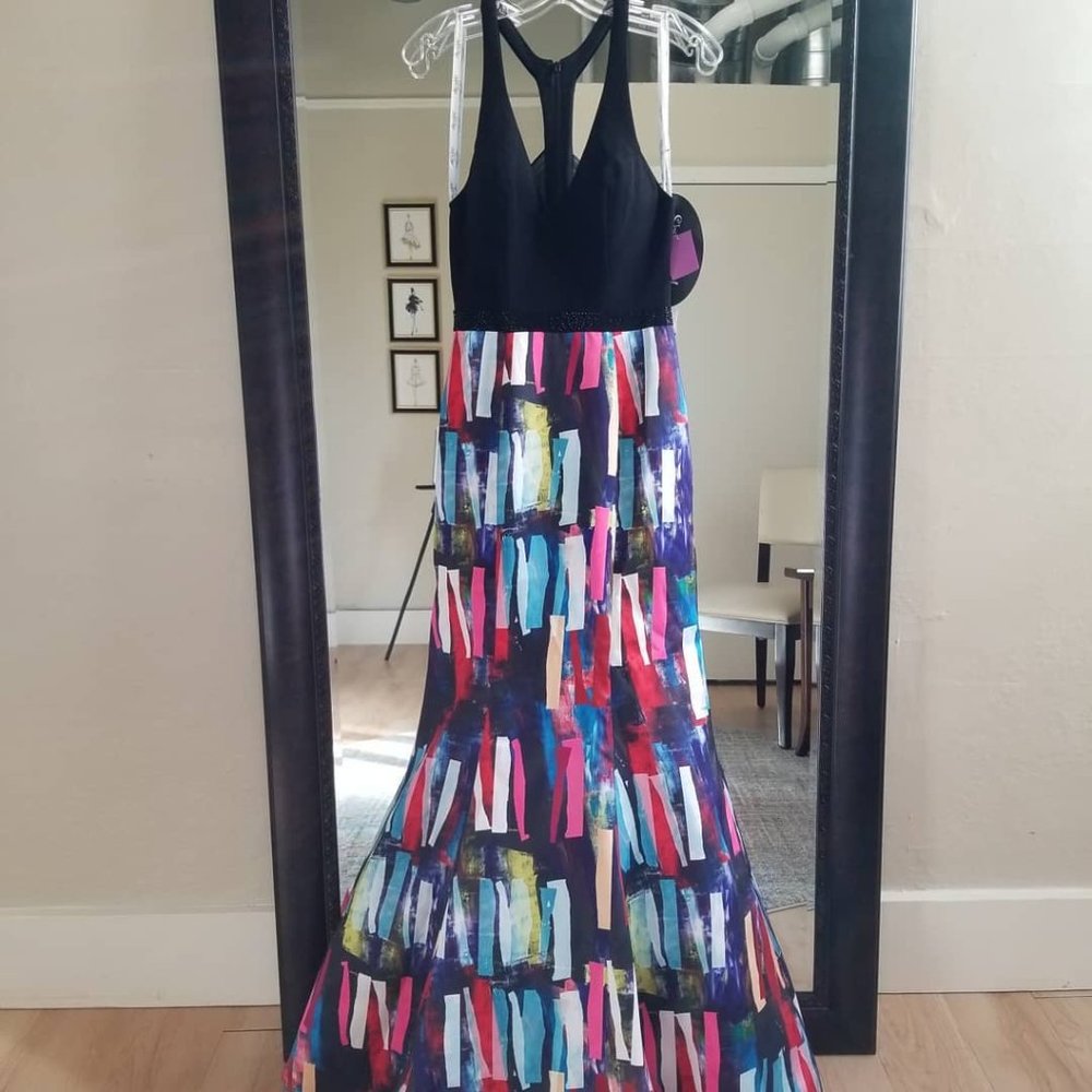 Size 4 black/multi color block Ellie Wilde trumpet prom dress NWT never worn! - Picture 7 of 12